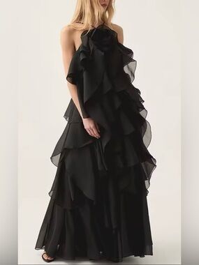 Elegant Black Ruffle Halter Evening Dress
